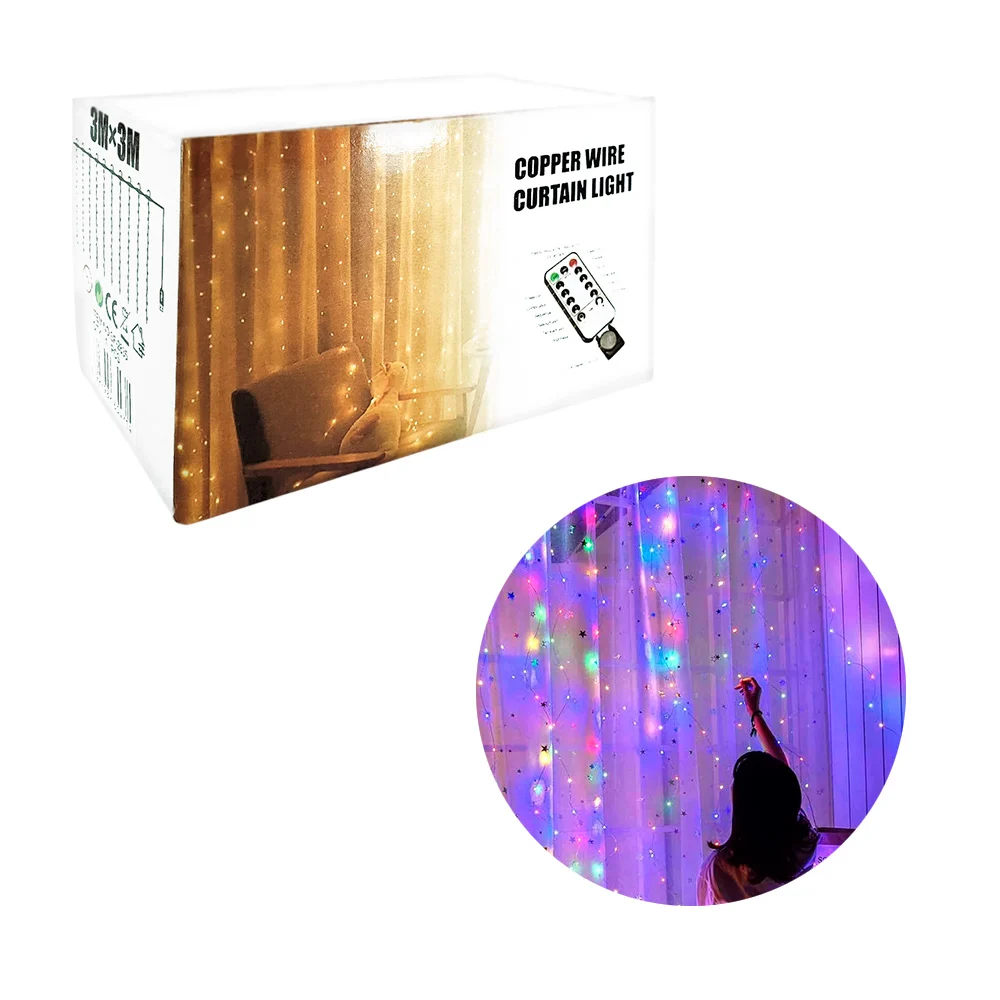 Decoración tipo cortina con luz led rgb, 3x3m, 300 luces, 10 gancho +…