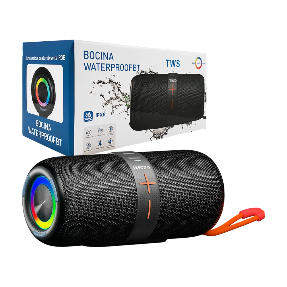 Bocina nebro inalámbrica ipx6, cilíndrica con luz rgb, múltiples cone…