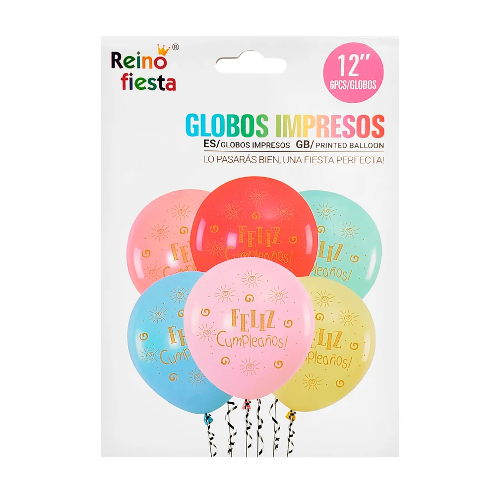 Paquete 6 globos de látex de 12´ impresos con frase feliz cumpleaños …