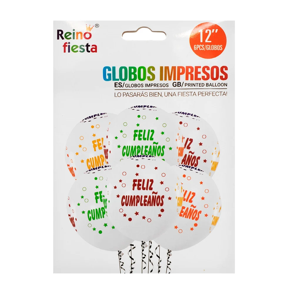 Paquete con 6 globos blancos, 12 pulgadas y frase multicolor de felíz…