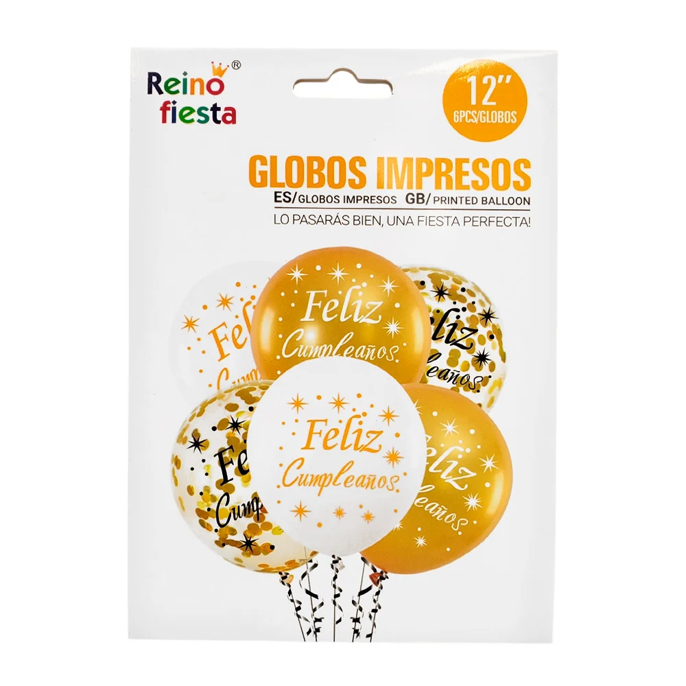 Paquete con 6 globos en color dorado, 12 pulgadas y estampado felíz c…