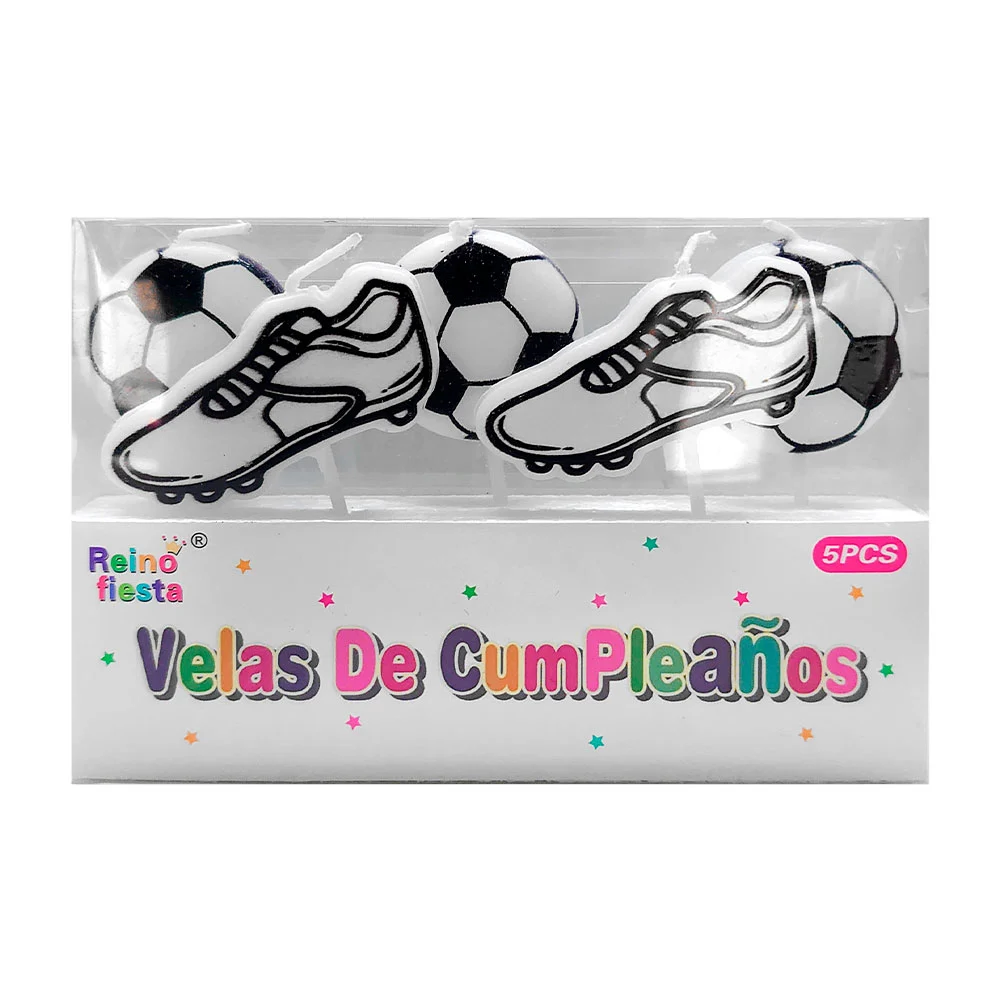 Paquete con 5 velas de cumpleaños, temática deportiva, en blanco y ne…