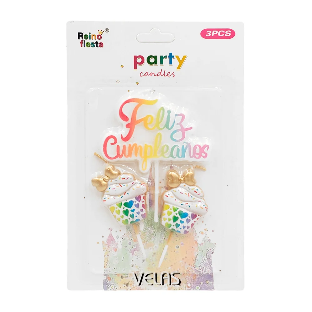 Blíster de 3 velas con diseño de cup cakes y feliz cumpleaños / party…