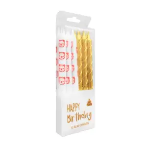 Paquete de 12 velas en color cromado y estampado, variedad de diseños