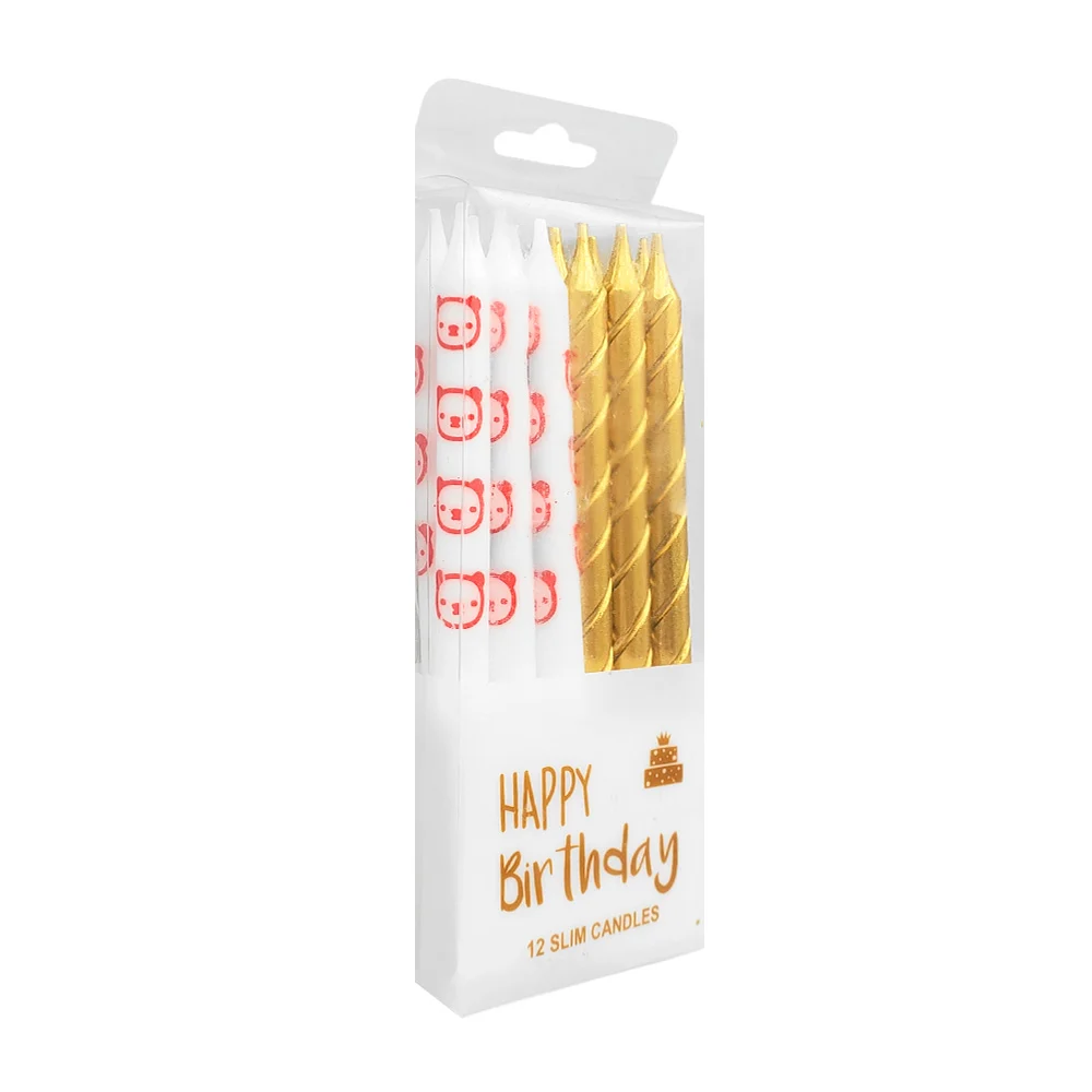 Paquete de 12 velas en color cromado y estampado, variedad de diseños