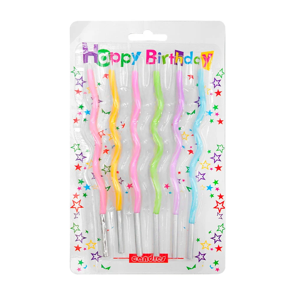 Blíster de 6 velas largas onduladas de colores con líneas blancas / 6…