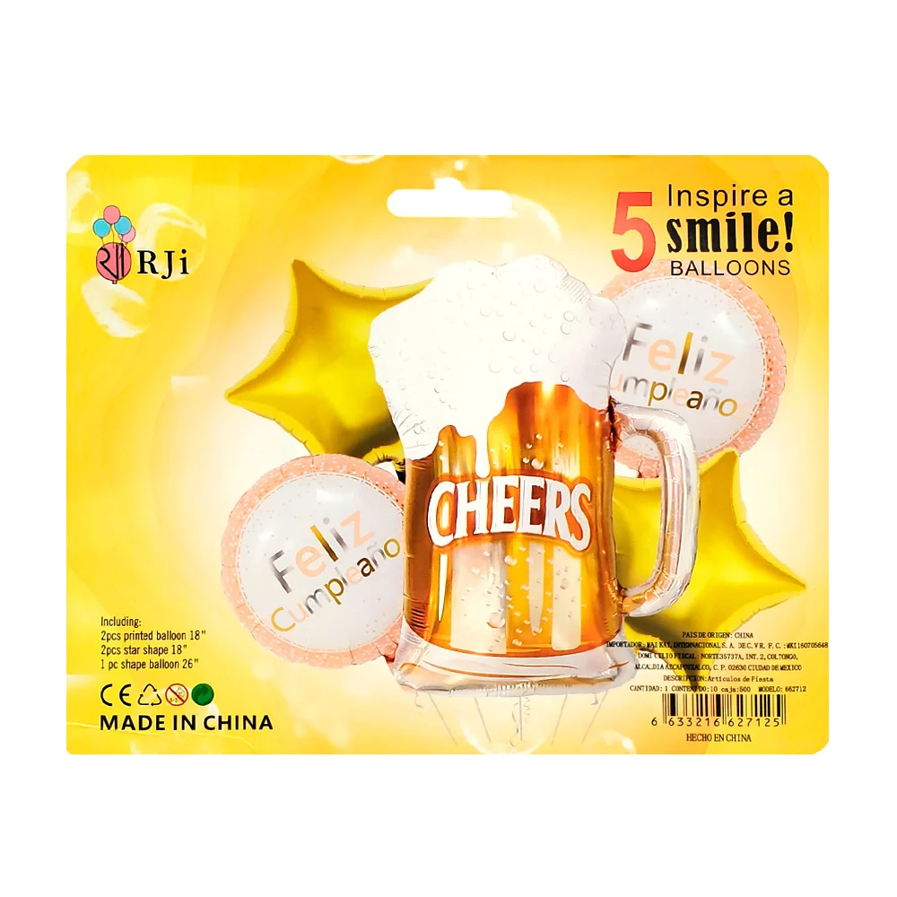 Paquete, 5 globos metálicos con diseño de cerveza - feliz cumpleaños …