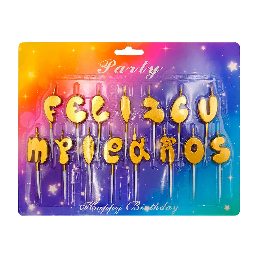 Blíster con 15 velas con frase feliz cumpleaños en tono dorado cromad…