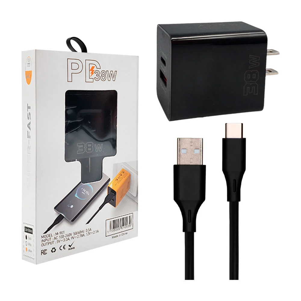 Combo cargador de 38w usb a tipo-c, cubo usb y usb-c, cable de 1mt