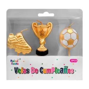Paquete con 3 velas, en forma de balon, copa y tenis deportivo metáli…