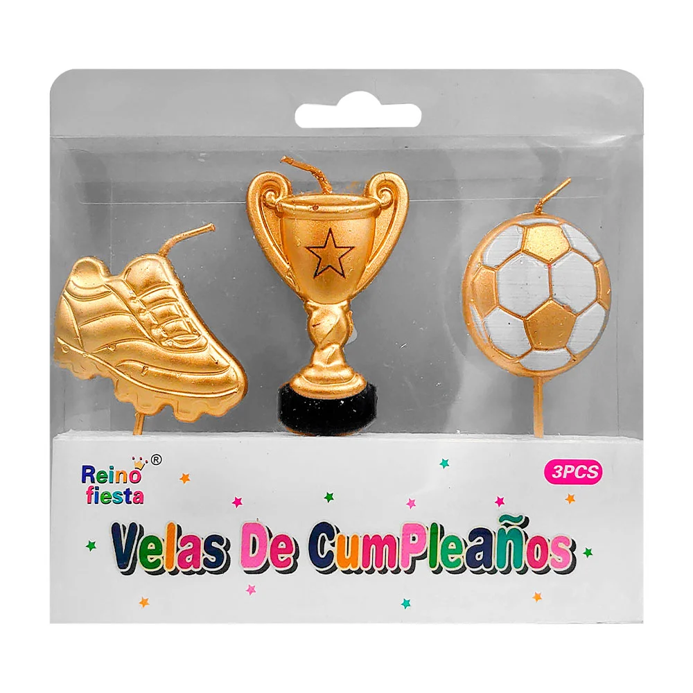 Paquete con 3 velas, en forma de balon, copa y tenis deportivo metáli…