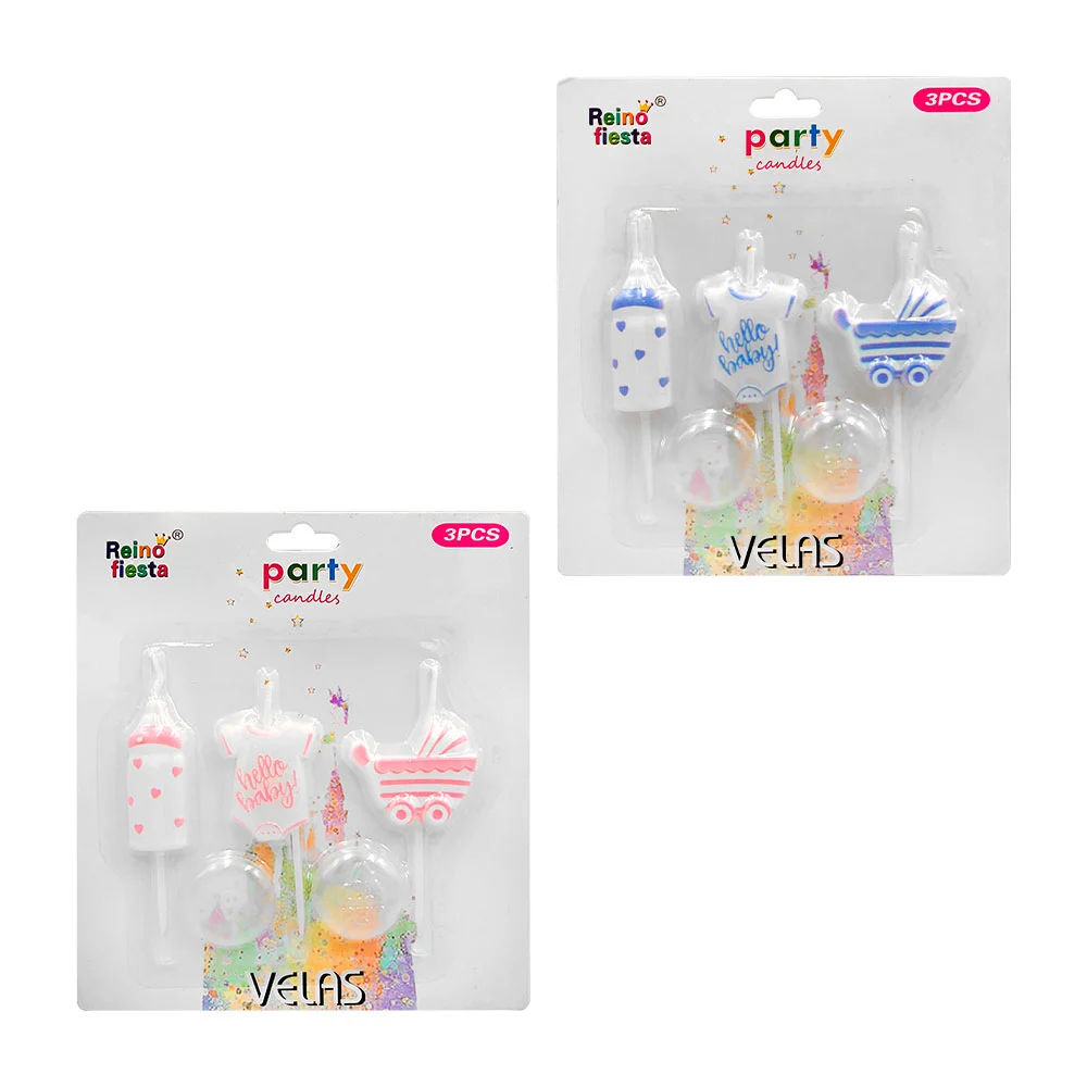 Blister de 3 velas, temática baby shower, forma de biberón, mameluco …
