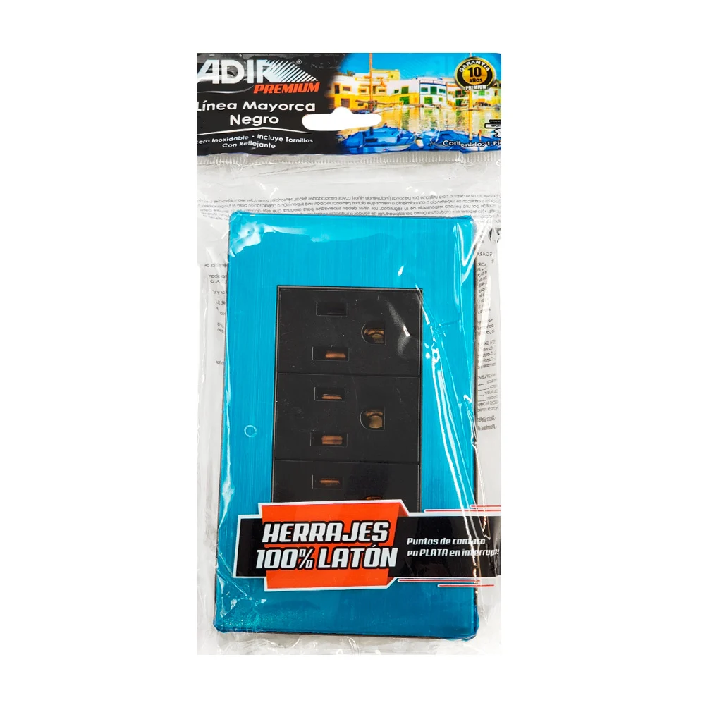 Placa enchufe de pared adir con 3 contactos tomacorriente, azul metál…