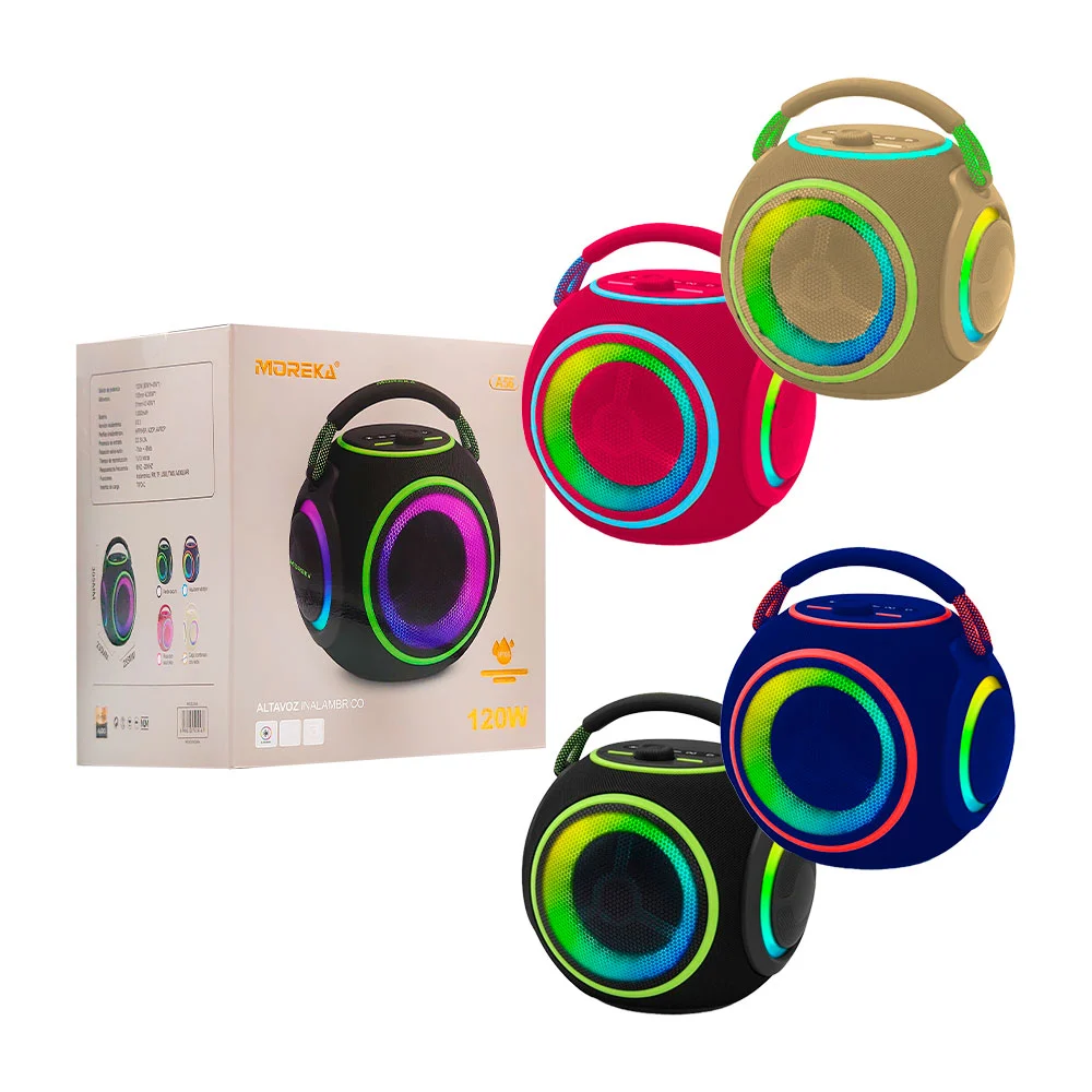 Bocina moreka, redonda con sonido 360 y potencia 120w, asa y luz rgb,…