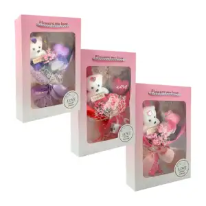 Caja con mini ramo decorativo, rosa, corazón y mini osito i love you,…