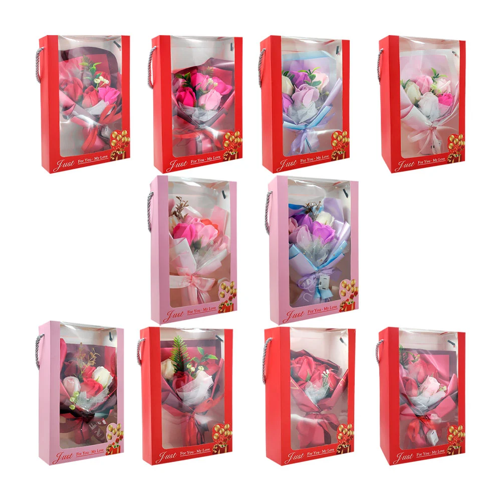 Caja con mini ramo de flores con 5 rosas y luz led, variedad de color…