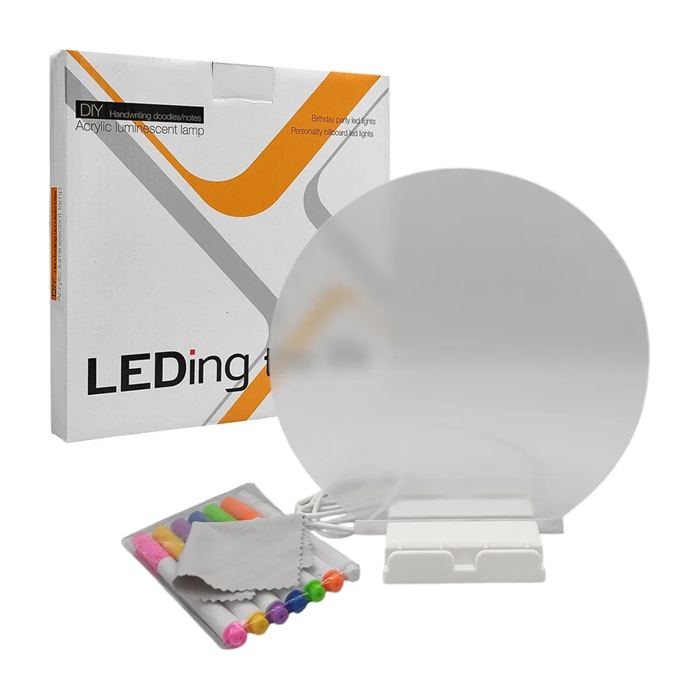 Pizarrón de acrílico circular con lámpara led + 8 plumones y base, 20…