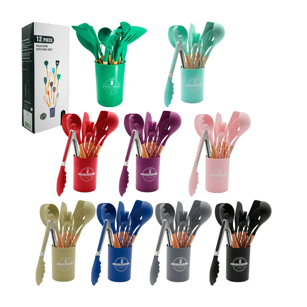 Set con 12 utensilios para cocina de silicón con mangos de madera, va…