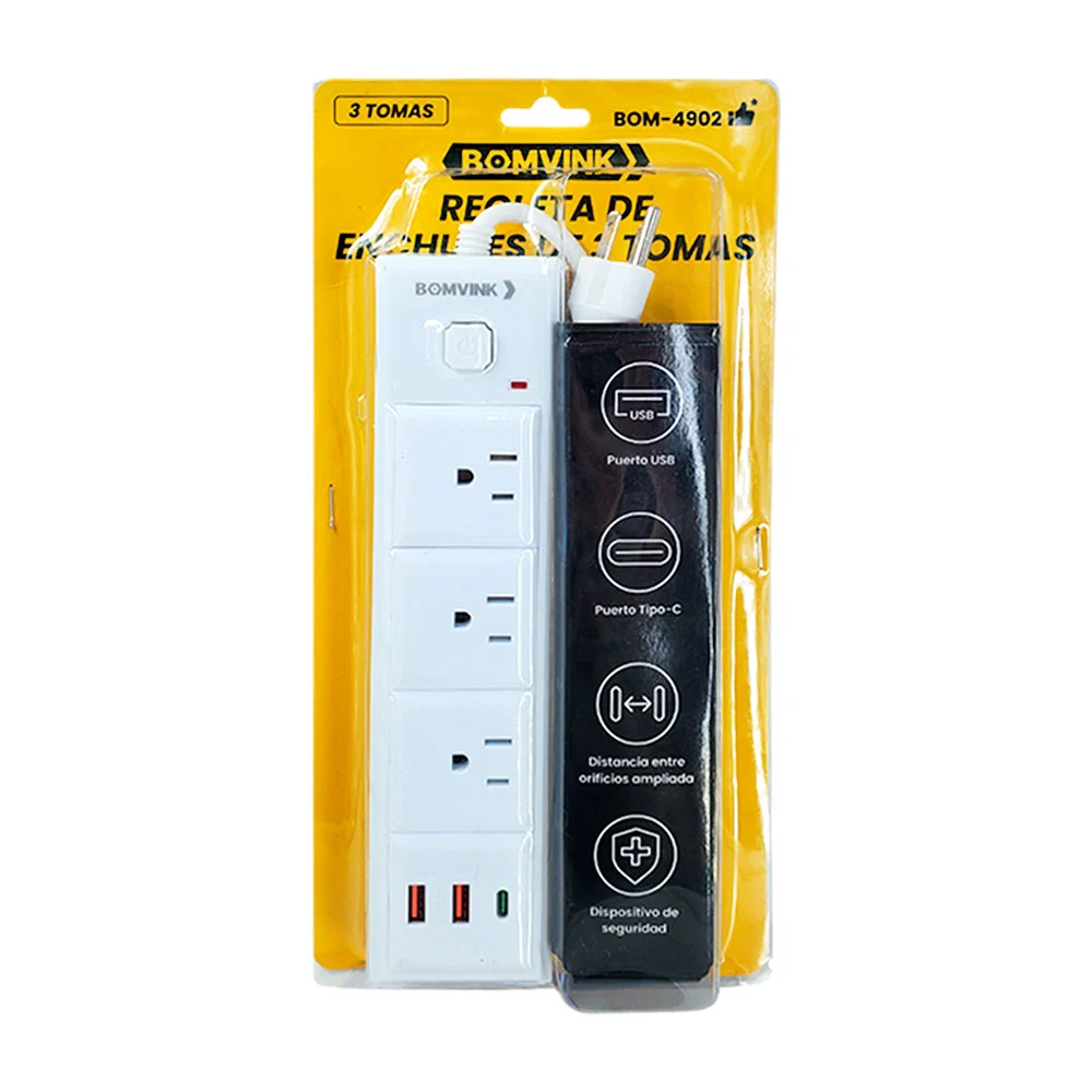 Multicontacto con 3 tomacorriente, botón de apagado, 2 entrada usb y …