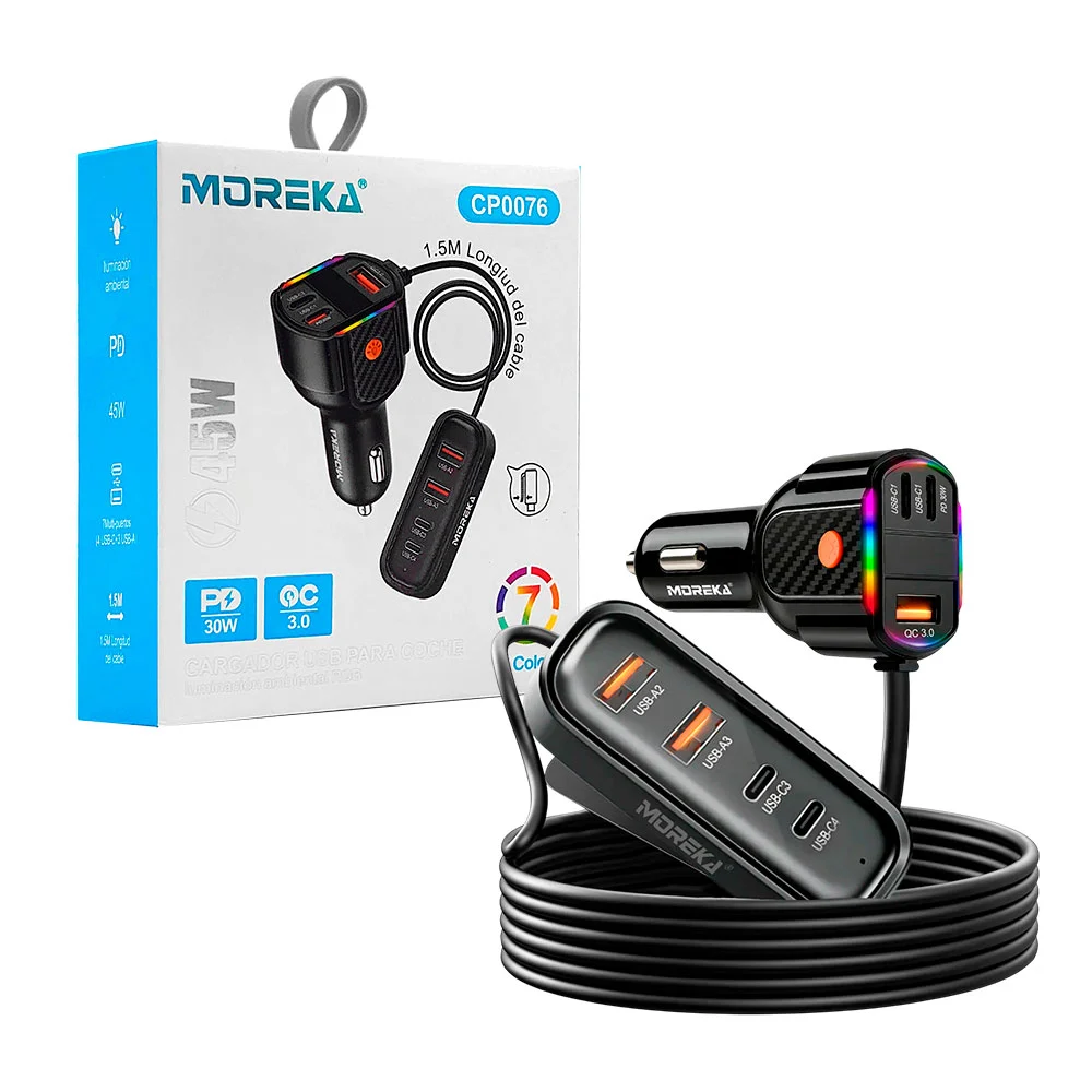 Plug cargador moreka con extencion 1.5m, multiples puertos usb y tipo…