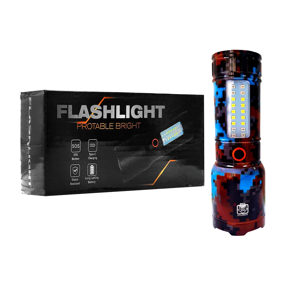 Linterna recargable, diseño camuflaje, varios modos de luz + luz roja…