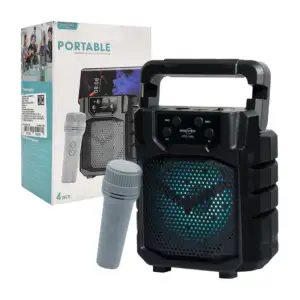 Bocina pequeña con soporte para celular + microfóno, 4 pulgadas