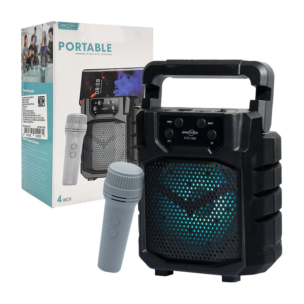 Bocina pequeña con soporte para celular + microfóno, 4 pulgadas