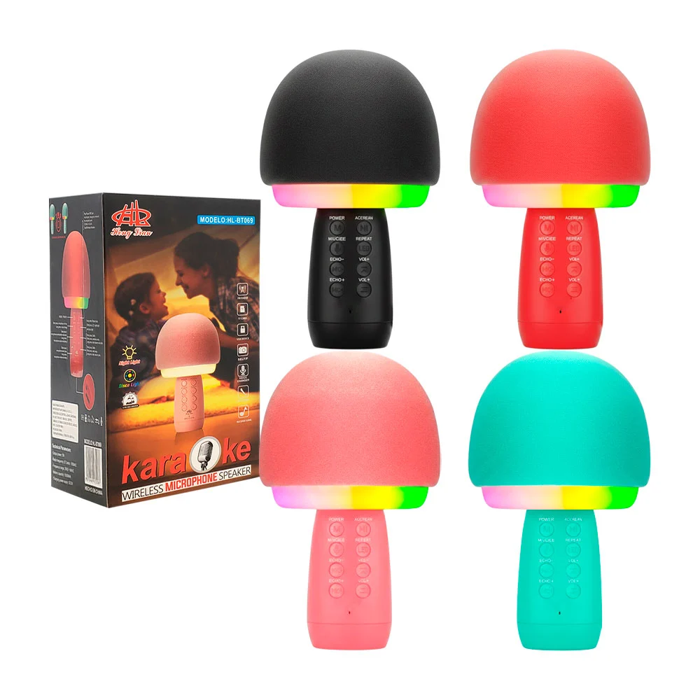 Bocina micrófono en forma de champiñon, karaoke, radio fm, disco light