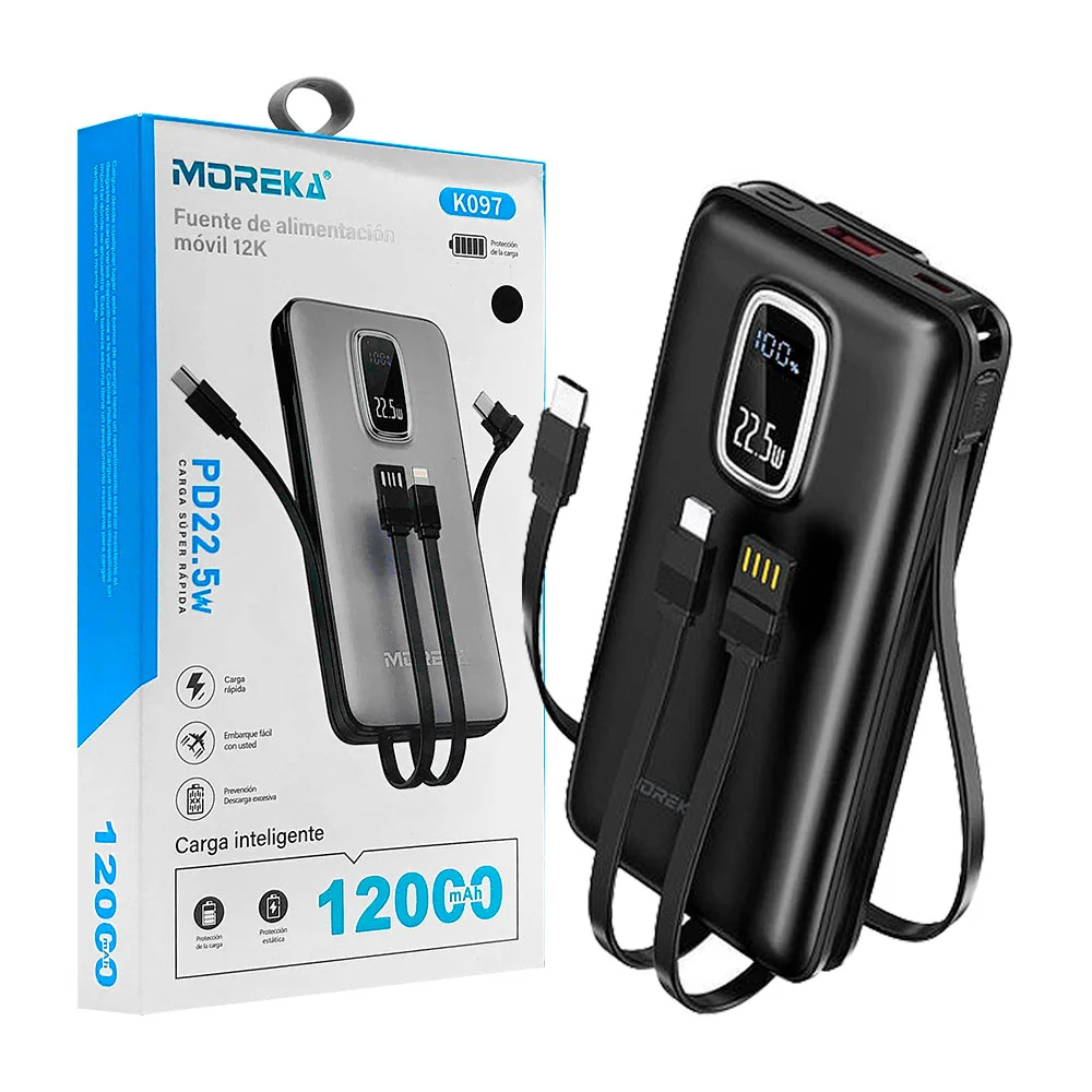 Power bank moreka, 12000 mah, carga rápida, monitor de batería, 3 tip…