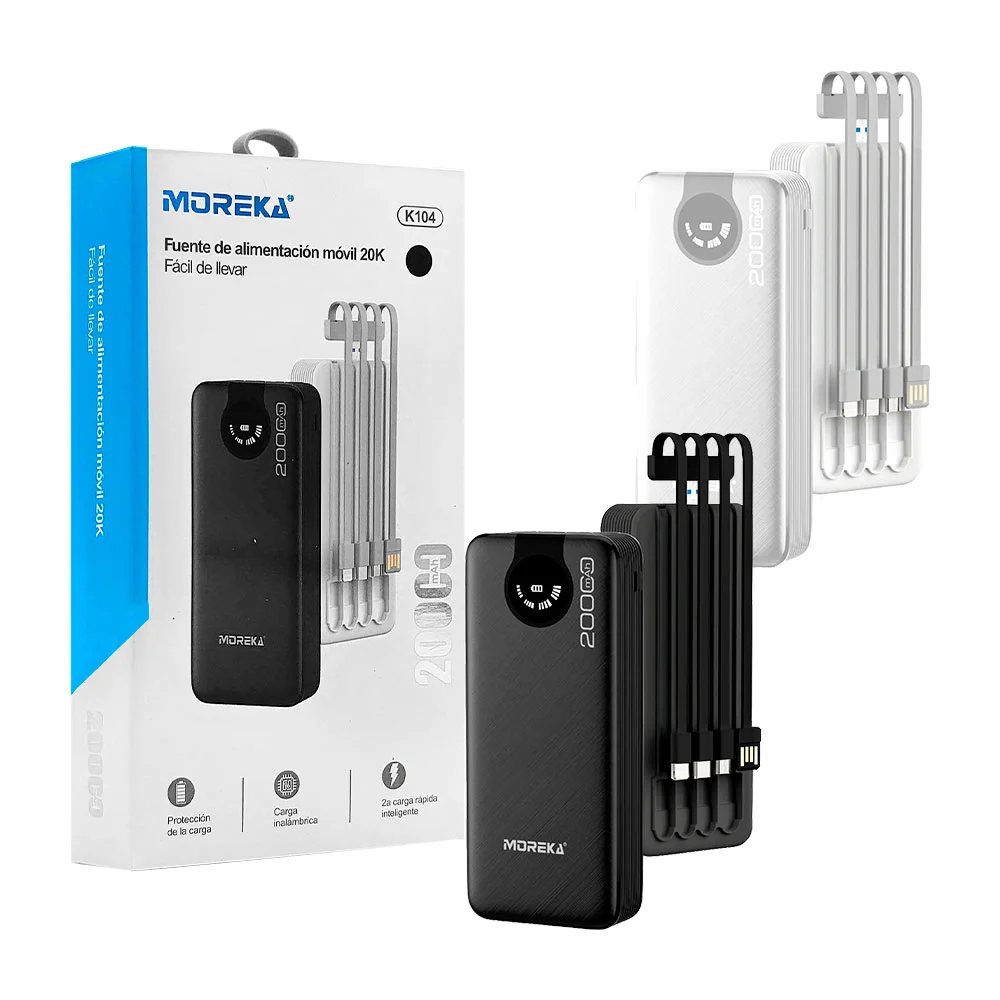 Power bank moreka, 20000mah, indicador de batería, 4 tipos de cable, …