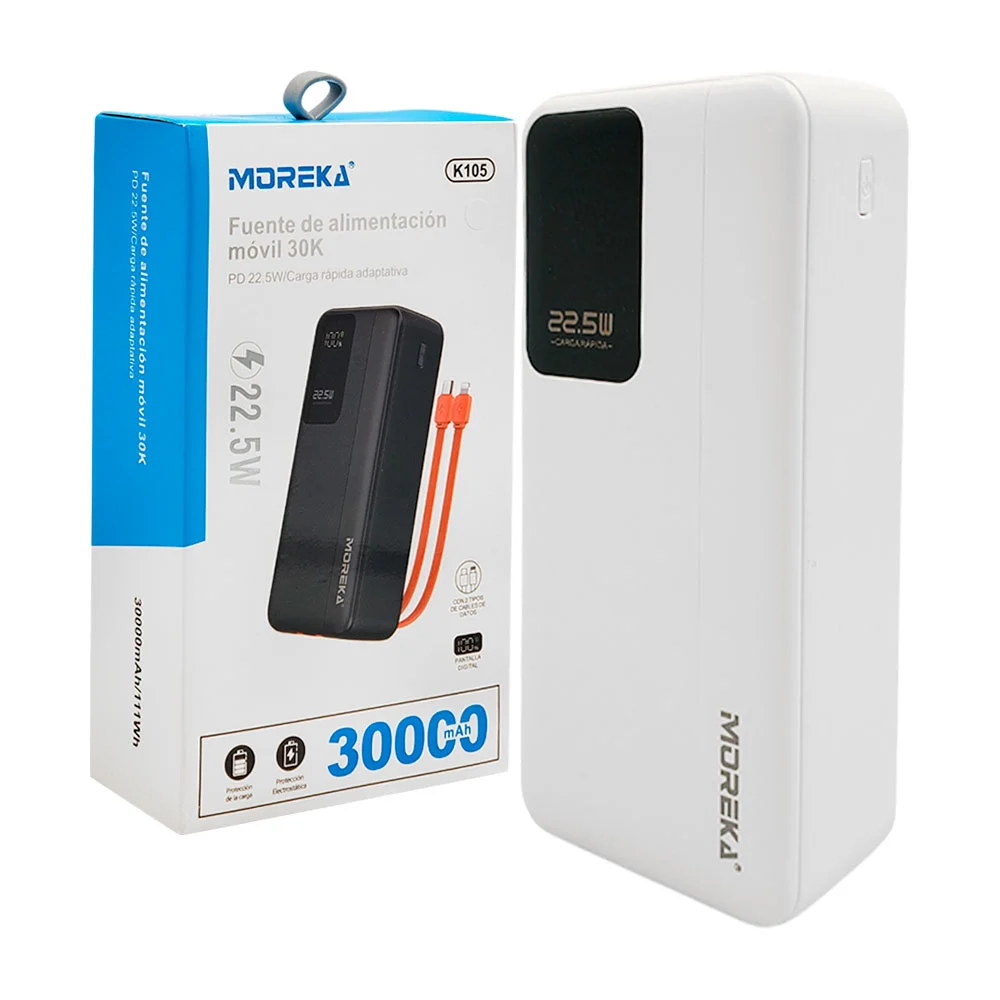 Power bank 30000mah, carga rápida  22.5w, pantalla digital y 2 cables de carga