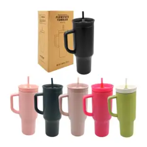Termo de 40oz, acero inoxidable con agarradera y popote, colores liso…