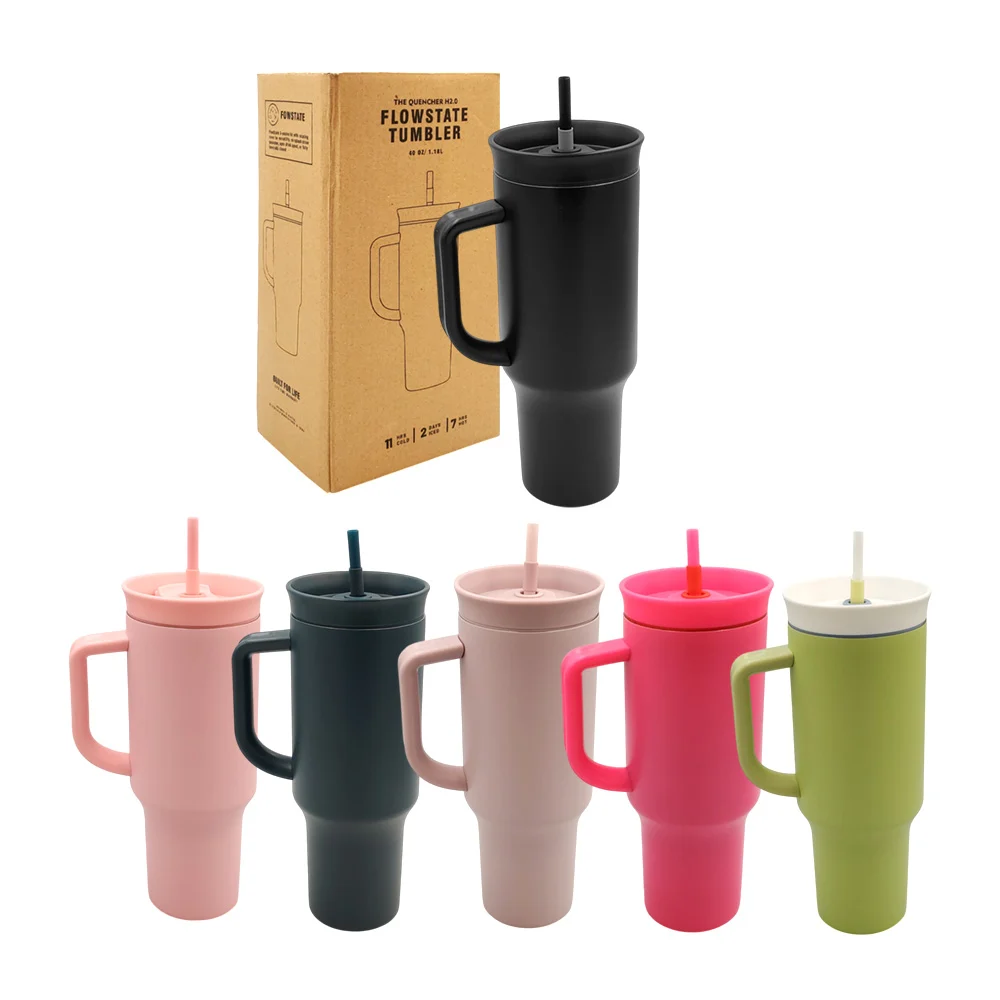 Termo de 40oz, acero inoxidable con agarradera y popote, colores liso…