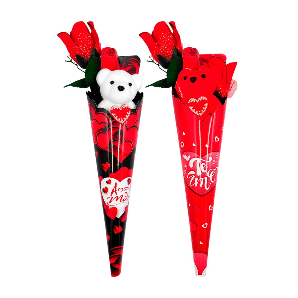 1pz ramo con mini osito de terciopelo, corazón de brillantina y rosa …
