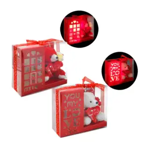 Caja de plástico con mini oso de peluche, corazón, papel y flor + luz…