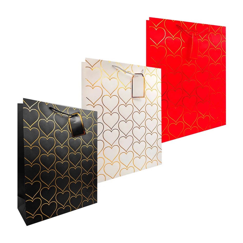 Bolsa de regalo 31x41x12cm, corazones metálicos con textura y etiquet…