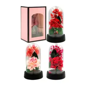 Rosa encapsulada + flores artificiales y luz led, variedad de colores