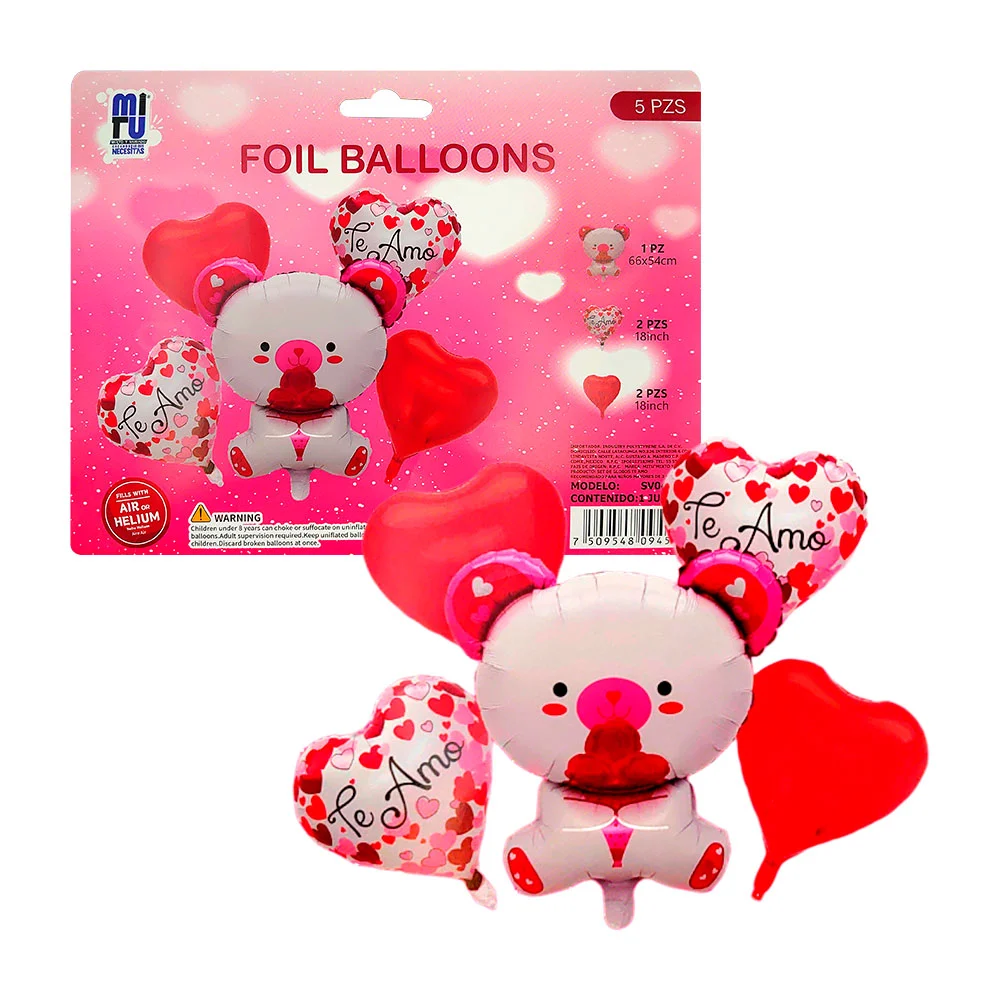 Paquete con 5 globos, 4 de corazón de 18in + 1 grande de osito enamor…