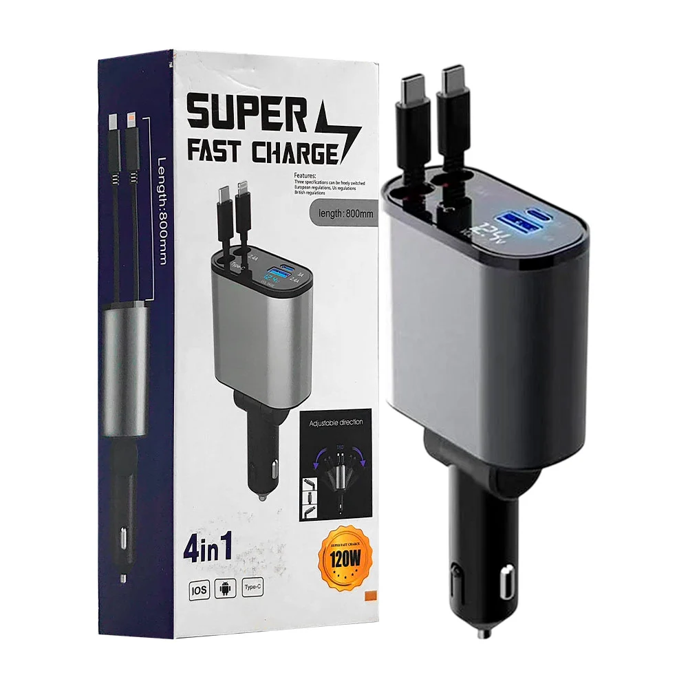 Plug cargador 4 en 1, carga super rápida de 120w, 2 cables y 2 puerto…