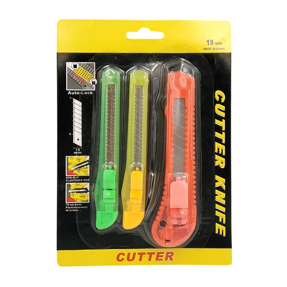 Blíster con 3 cutters de 18mm con navaja de acero, 2 chicos y grande,…