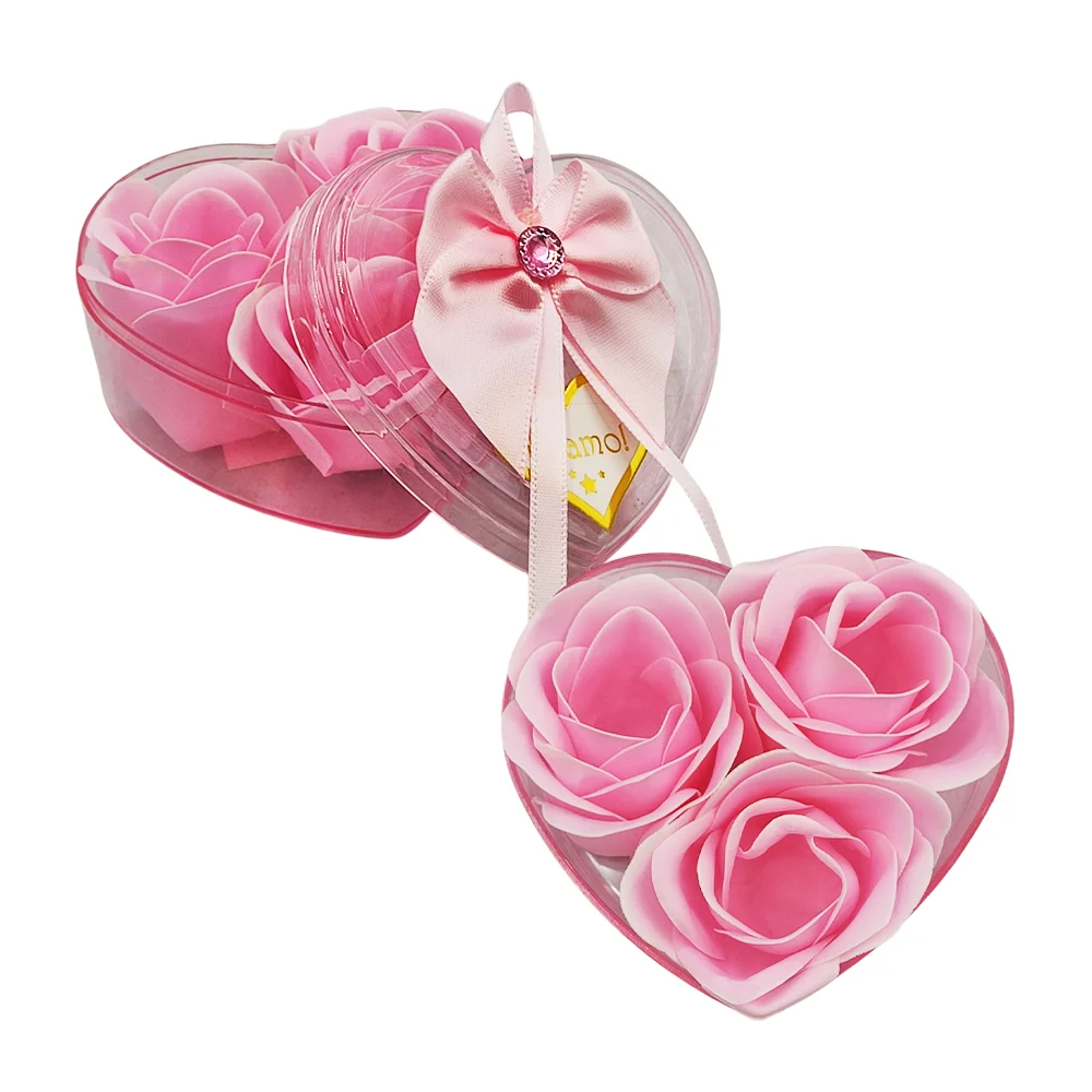 Caja Translúcida en forma de corazón con moño y 3 flor de jabón, te a…