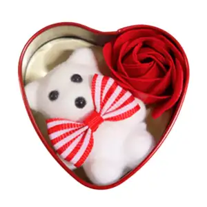 Caja metálica en forma de corazón con moño, rosa eterna + osito