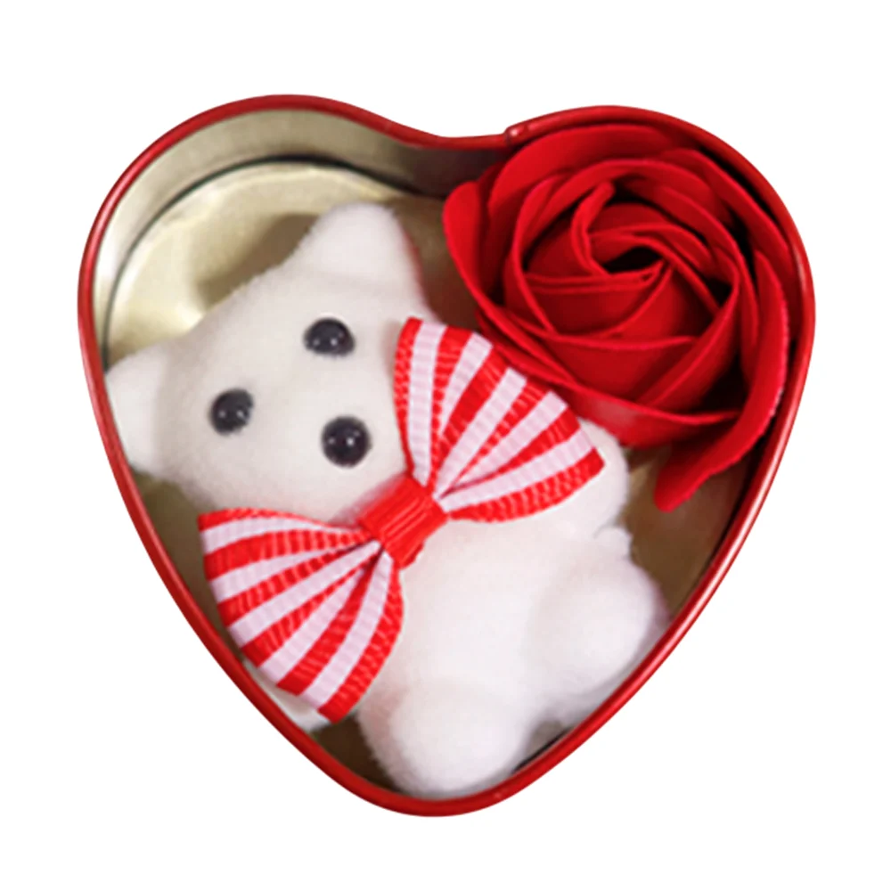 Caja metálica en forma de corazón con moño, rosa eterna + osito