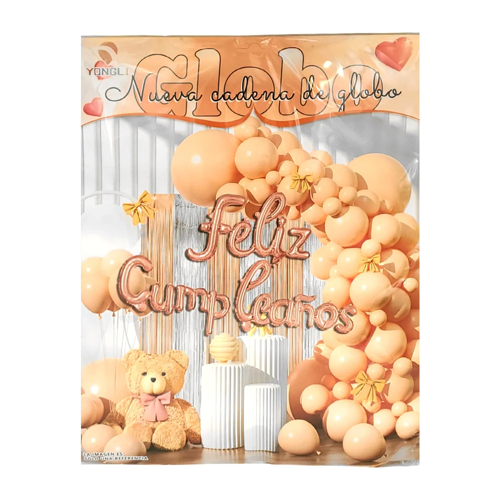 Kit decorativo feliz cumpleaños de 60 pz, en tono durazno y cortina b…