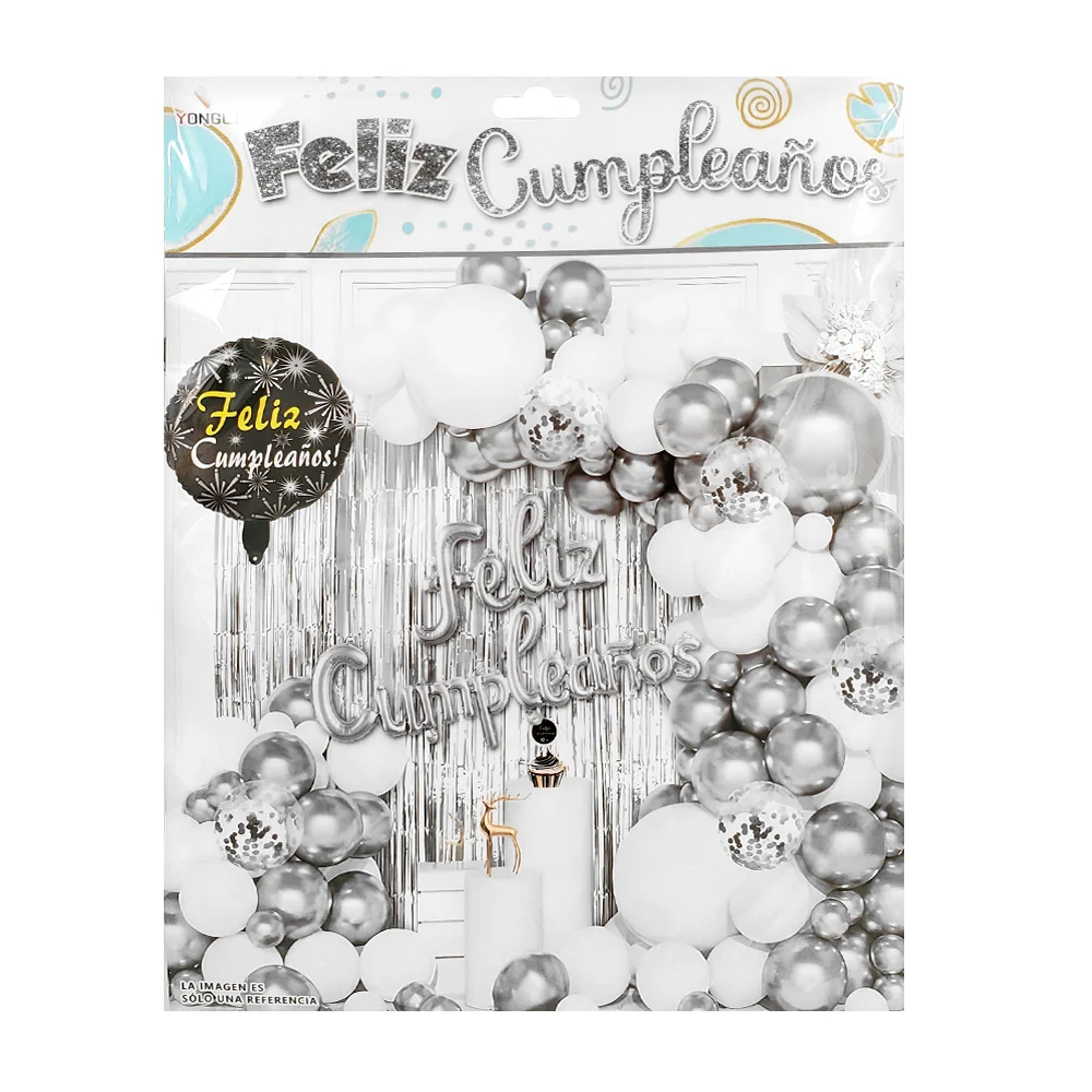 Paquete de 63 globos, plata, blanco, con globo feliz cumpleaños + cor…