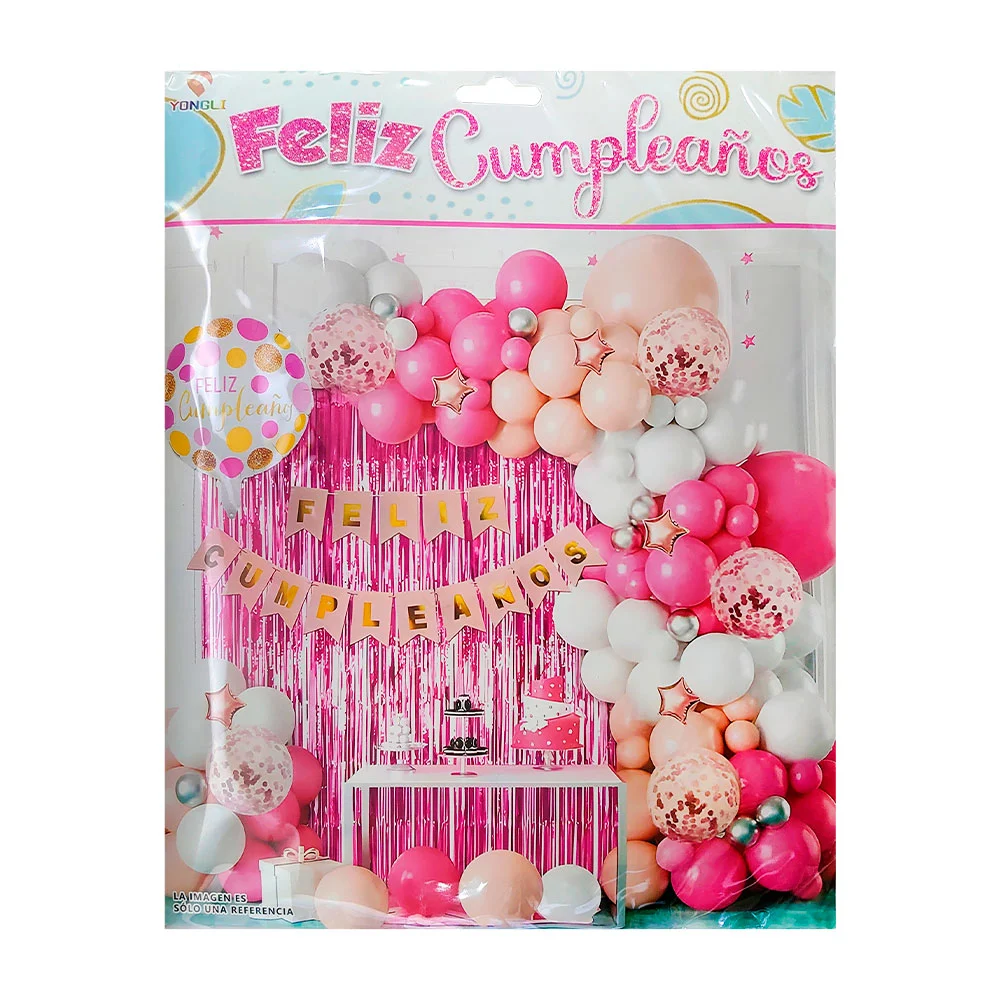 Kit decorativo de fiesta con 61 pcs y globos tonos rosas + cortina me…