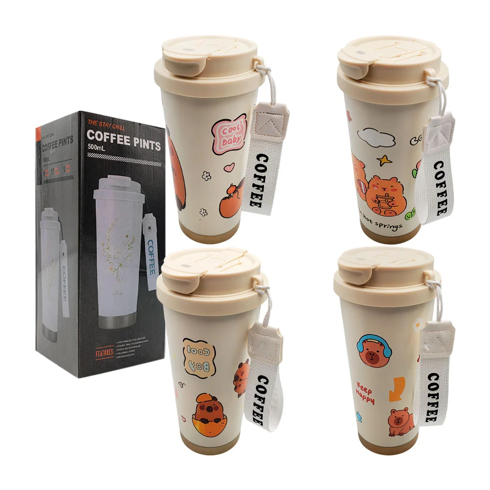 Vaso tipo termo de 500ml con diseño de capibara y correa, variedad