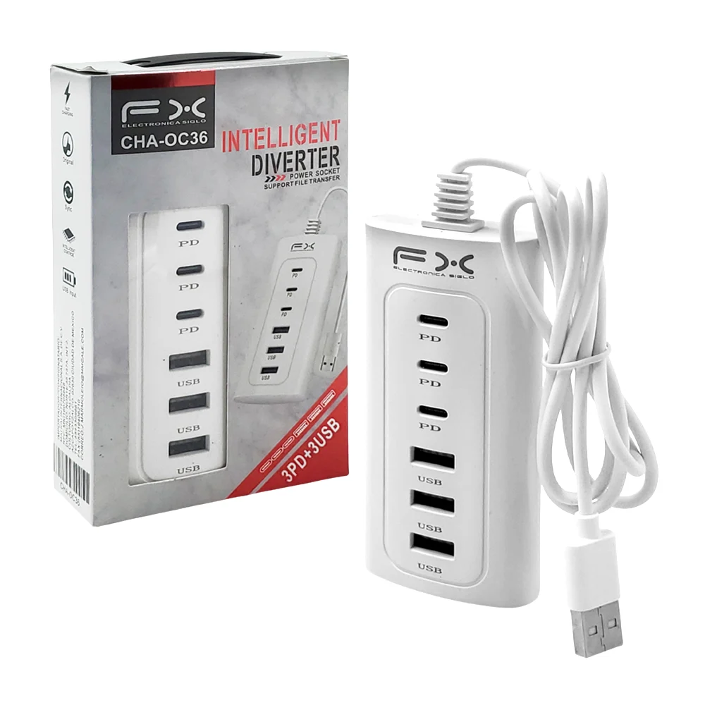 Hub fx cargador, multifuncional, carga rápida, 3 puertos usb-c y 3 pu…
