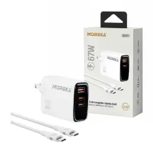 Combo cargador moreka 67w con puerto usb, 2 tipo c y cable de 1m tipo…
