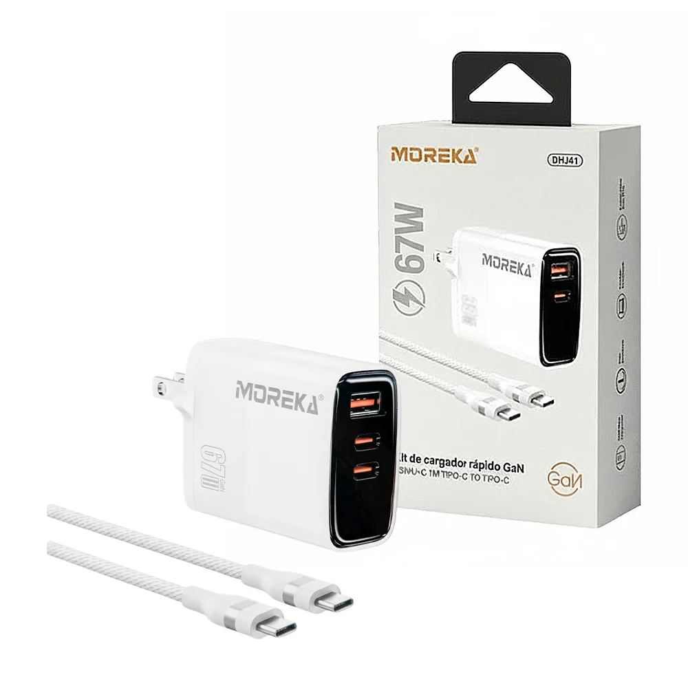 Combo cargador moreka 67w con puerto usb, 2 tipo c y cable de 1m tipo…